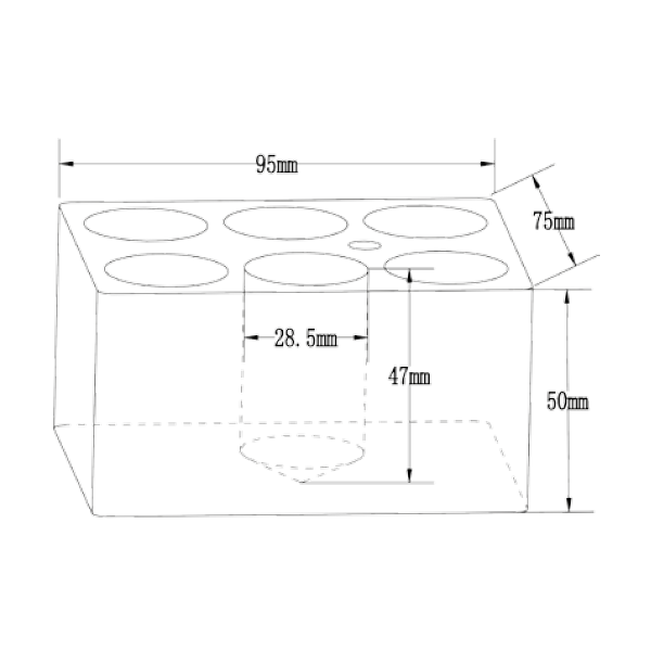 Blocco a 6 fori per provette da 28 mm.