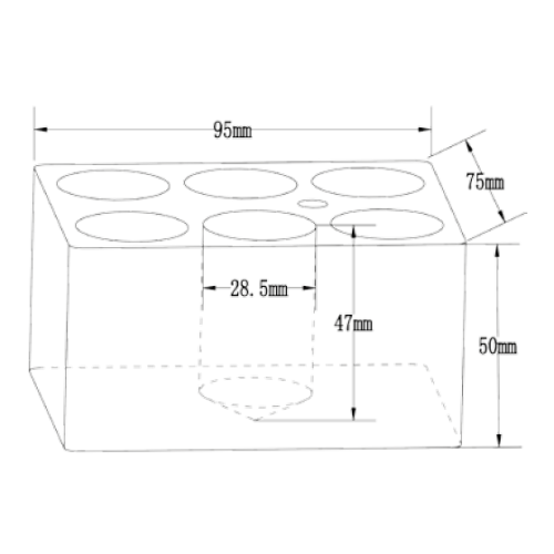 Blocco a 6 fori per provette da 28 mm.