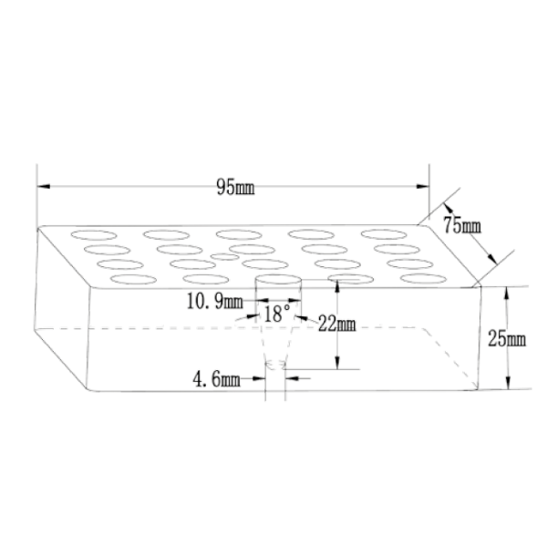 Blocco a 20 fori per provette da 1,5 ml.
