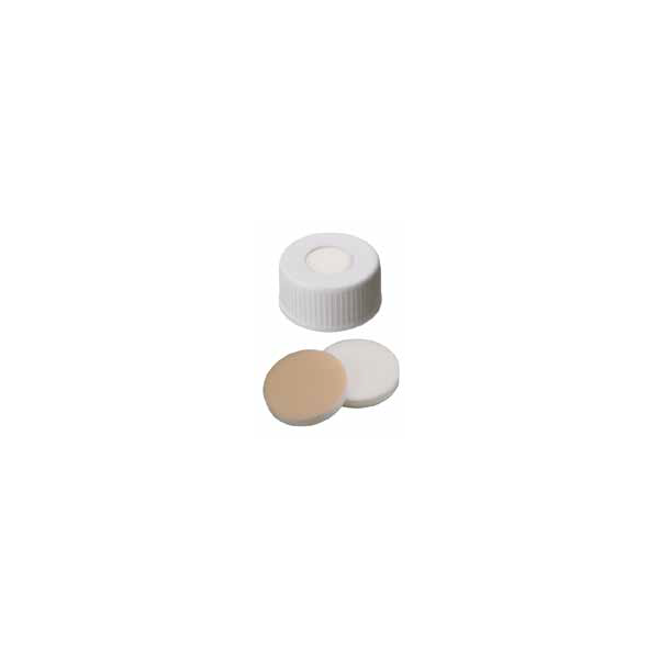 Tappo a vite in polipropilene bianco ND 24 forato con setto in Silicone naturale/PTFE naturale