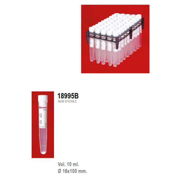 Provetta conica in polipropilene con tappo a pressione ed etichetta - 16x100 mm. - 10 ml. - confezione da 1000 in rack da 50