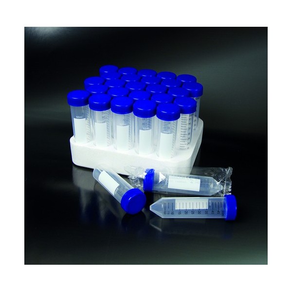 Provetta conica in polipropilene con tappo a vite 30x115 mm. - 50 ml. - confezione da 500 in rack da 25 sterili