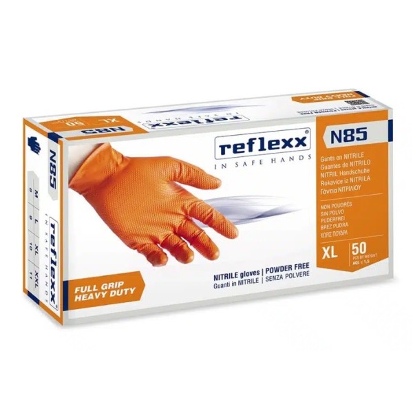 Guanti in nitrile Full grip arancione Reflexx N85 misura L - Conf. da 50 Guanti in nitrile Full grip arancione Reflexx N85 misura L - Conf. da 50