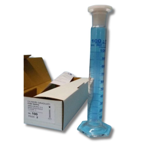 Cilindro in vetro borosilicato in classe A ml. 250 con tappo in PP