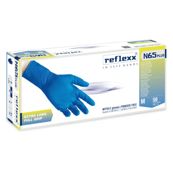 Guanti in nitrile manichetta lunga senza polvere Reflexx N65 Plus misura M - Conf. da 50