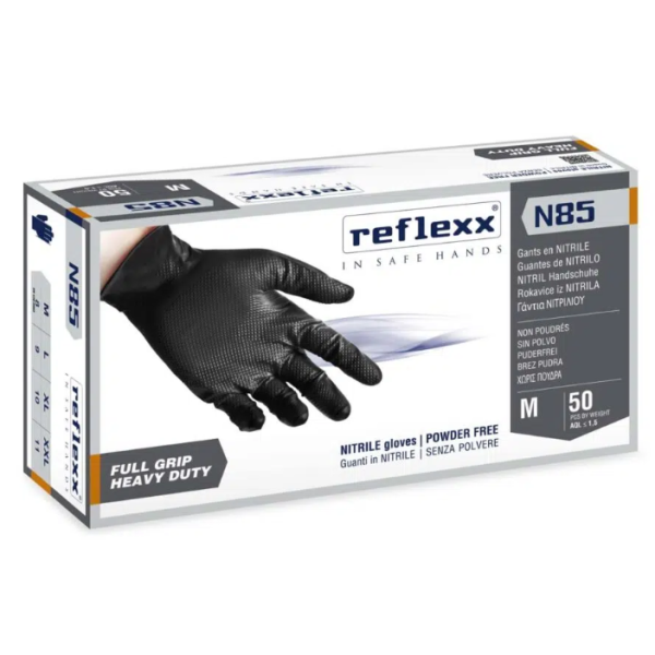 Guanti in nitrile nero full grip  senza polvere Reflexx N85B misura M - Conf. da 50