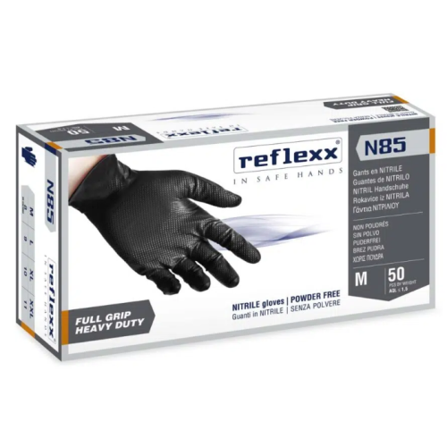 Guanti in nitrile nero full grip  senza polvere Reflexx N85B misura M - Conf. da 50