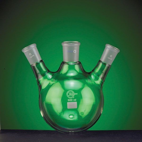 Pallone vetro Borosilicato fondo tondo ml. 100 - cono centrale 14/23 - coni laterali angolati 14/23