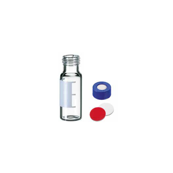 Vials certificate HPLC e GC vetro bianco 1,5 ml. graduate - ND 9 con tappo a vite forato e setto in Silicone bianco / PTFE rosso