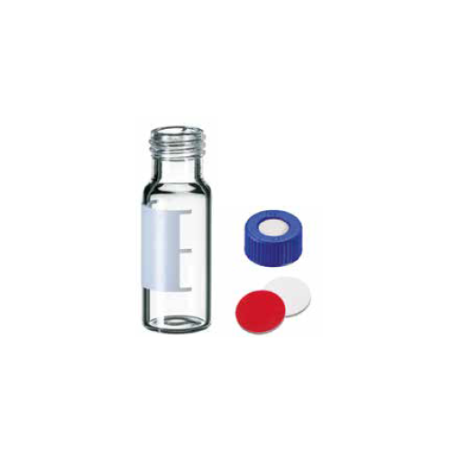 Vials certificate HPLC e GC vetro bianco 1,5 ml. graduate - ND 9 con tappo a vite forato e setto in Silicone bianco / PTFE rosso