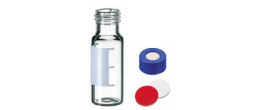 Vials certificate HPLC e GC vetro bianco 1,5 ml. graduate - ND 9 con tappo a vite forato e setto in Silicone bianco / PTFE rosso