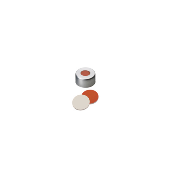 Tappo crimp in alluminio ND 11 forato con setto in Silicone rosso /PTFE bianco