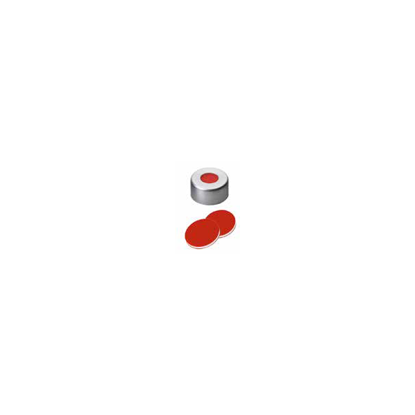 Tappo crimp in alluminio ND 11 forato con setto in PTFE rosso / Silicone bianco / PTFE rosso