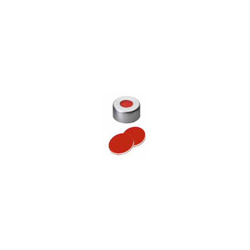 Tappo crimp in alluminio ND 11 forato con setto in PTFE rosso / Silicone bianco / PTFE rosso