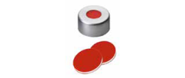 Tappo crimp in alluminio ND 11 forato con setto in PTFE rosso / Silicone bianco / PTFE rosso