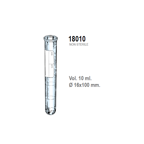 Provetta cilindrica in polistirolo trasparente con etichetta graduata 16x100 mm. - 10 ml. - confezione da 2000