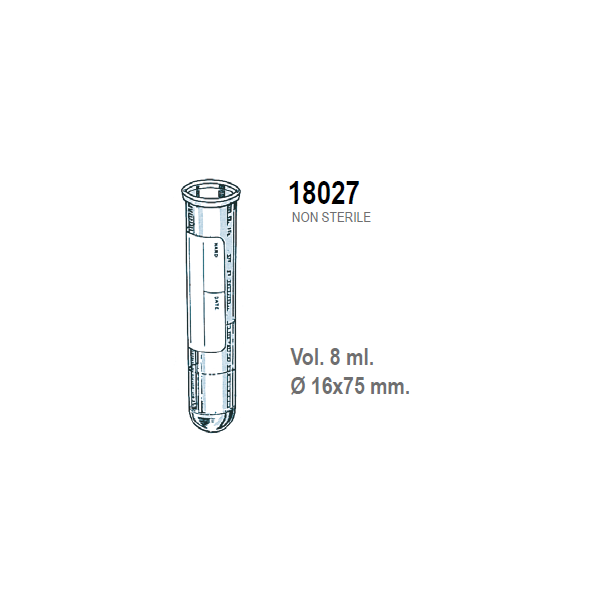 Provetta cilindrica in polistirolo trasparente con etichetta graduata 16x75 mm. - 8 ml. - confezione da 2500