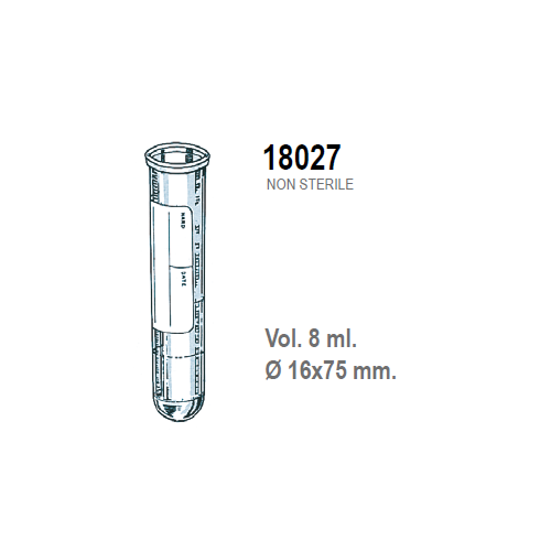 Provetta cilindrica in polistirolo trasparente con etichetta graduata 16x75 mm. - 8 ml. - confezione da 2500