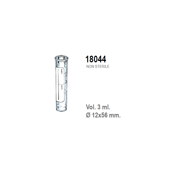 Provetta cilindrica con fondo piatto in polistirolo trasparente con etichetta graduata 12x56 mm. - 3 ml. - confezione da 6000