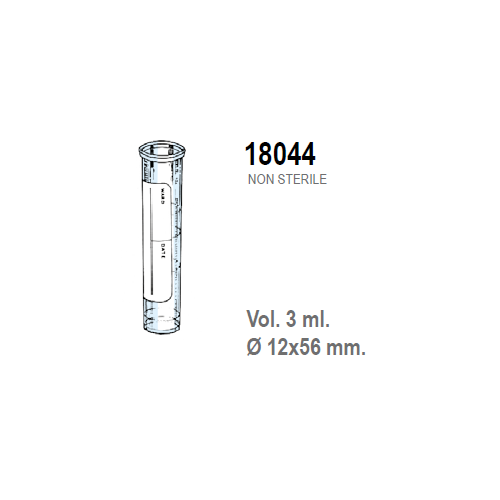 Provetta cilindrica con fondo piatto in polistirolo trasparente con etichetta graduata 12x56 mm. - 3 ml. - confezione da 6000