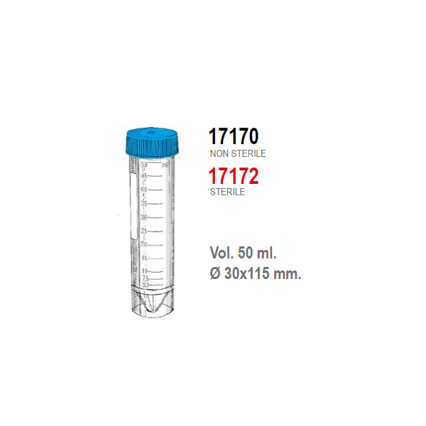 Provetta conica in polipropilene con tappo a vite e base 30x115 mm. - 50 ml. - confezione da 250