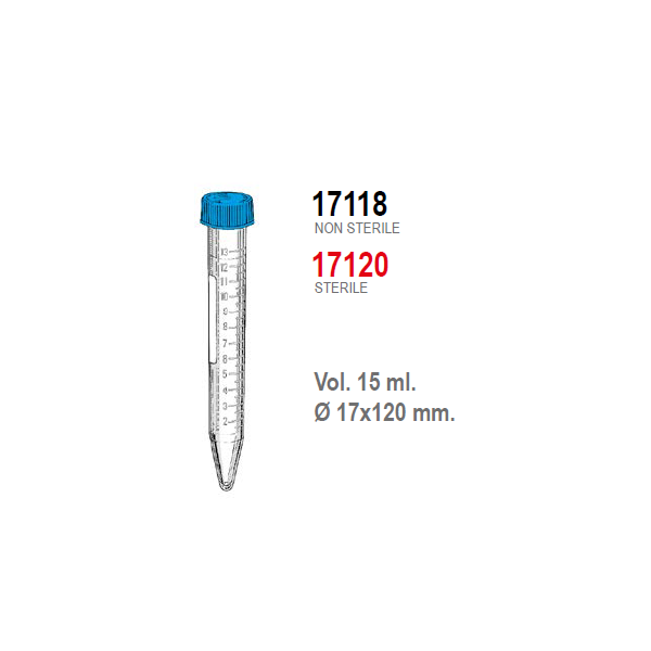 Provetta conica in polipropilene con tappo a vite 17x120 mm. - 15 ml. - confezione da 750