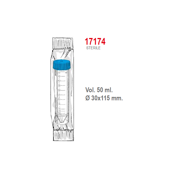 Provetta conica in polipropilene con tappo a vite e base 30x115 mm. - 50 ml. - confezione da 200 Sterile singola