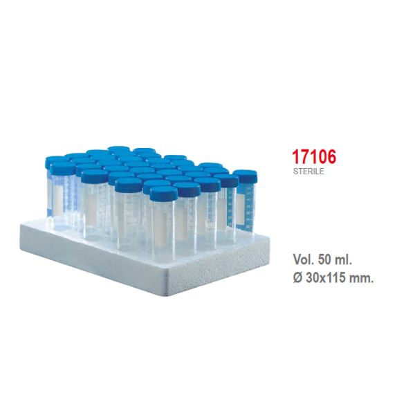 Provetta conica in polipropilene con tappo a vite 30x115 mm. - 50 ml. - confezione da 300 Sterile In rack da 25 posti