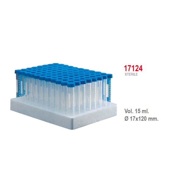 Provetta conica in polipropilene con tappo a vite 17x120 mm. - 15 ml. - confezione da 704 Sterile In rack da 88 posti
