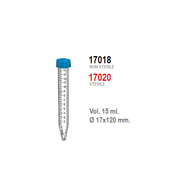 Provetta conica in polipropilene con tappo a vite 17x120 mm. - 15 ml. - confezione da 750
