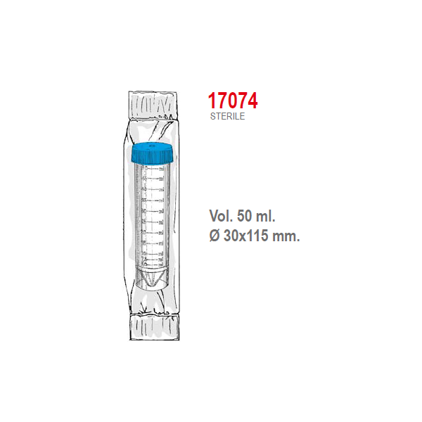 Provetta conica in polipropilene con tappo a vite e base 30x115 mm. - 50 ml. - confezione da 200 Sterile singola