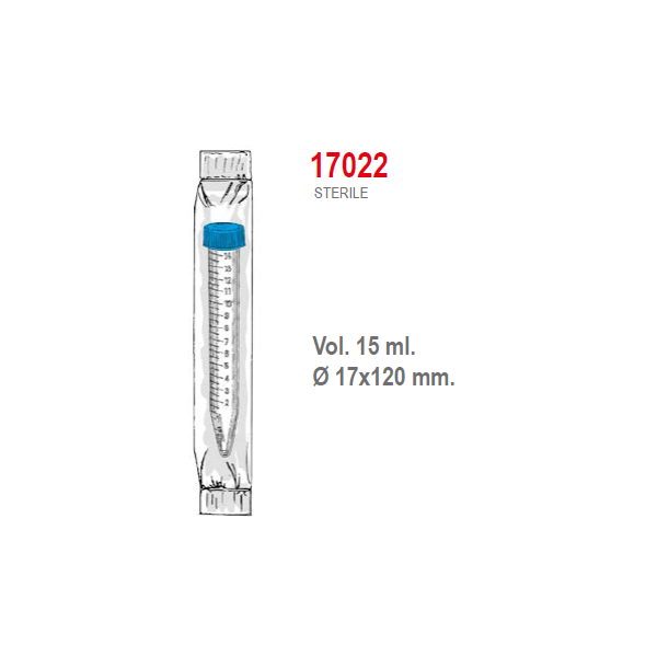 Provetta conica in polipropilene con tappo a vite 17x120 mm. - 15 ml. - confezione da 500 Sterile singola