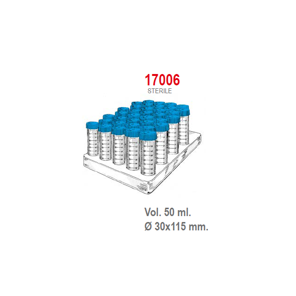 Provetta conica in polipropilene con tappo a vite 30x115 mm. - 50 ml. - confezione da 300 in rack da 25 posti - Sterile