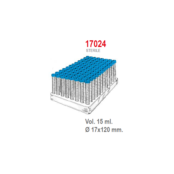 Provetta conica in polipropilene con tappo a vite 17x120 mm. - 15 ml. - confezione da 704 in rack da 88 posti - Sterile