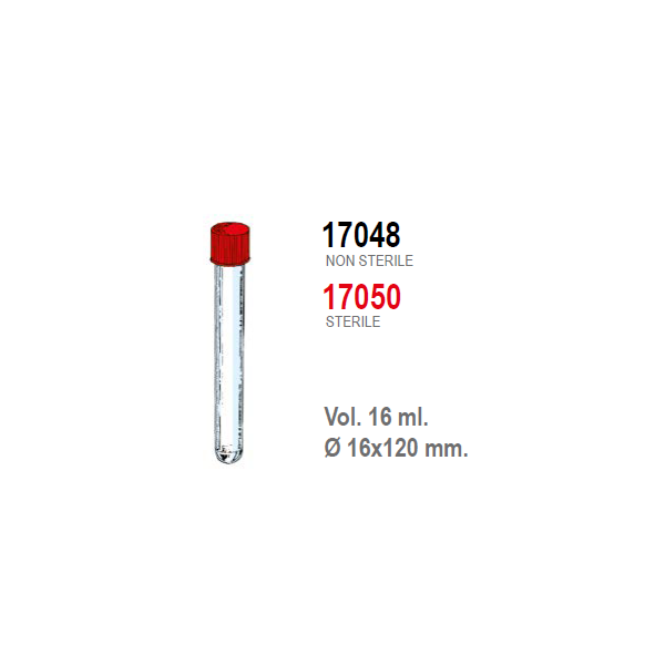 Provetta cilindrica in polistirolo trasparente con tappo a vite 16x120 mm. - 16 ml. - confezione da 750