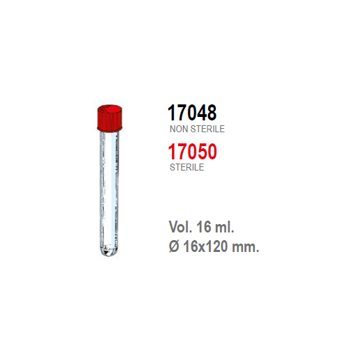 Provetta cilindrica in polistirolo trasparente con tappo a vite 16x120 mm. - 16 ml. - confezione da 750