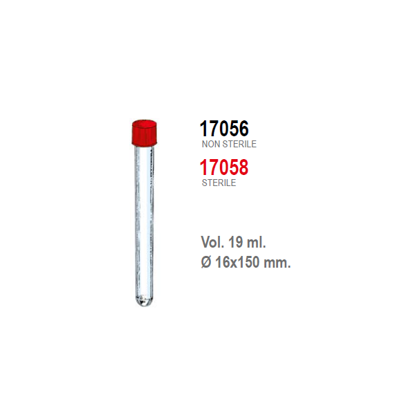 Provetta cilindrica in polistirolo trasparente con tappo a vite 16x150 mm. - 19 ml. - confezione da 625 Sterile