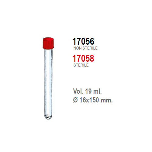 Provetta cilindrica in polistirolo trasparente con tappo a vite 16x150 mm. - 19 ml. - confezione da 625 Sterile