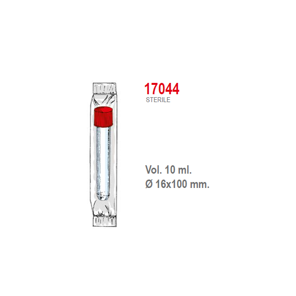Provetta cilindrica in polistirolo trasparente con tappo a vite 16x100 mm. - 10 ml. - confezione da 750 Sterile singola