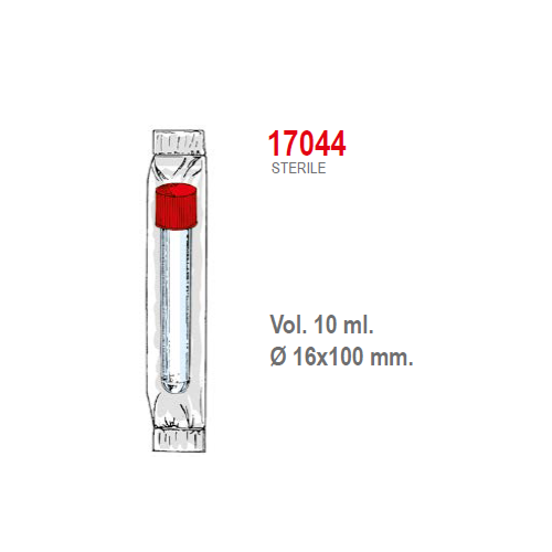 Provetta cilindrica in polistirolo trasparente con tappo a vite 16x100 mm. - 10 ml. - confezione da 750 Sterile singola