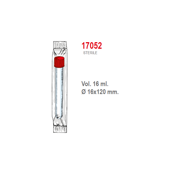 Provetta cilindrica in polistirolo trasparente con tappo a vite 16x120 mm. - 16 ml. - confezione da 500 Sterile singola