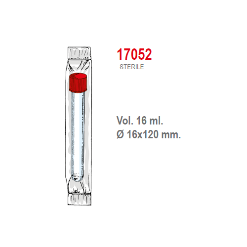 Provetta cilindrica in polistirolo trasparente con tappo a vite 16x120 mm. - 16 ml. - confezione da 500 Sterile singola