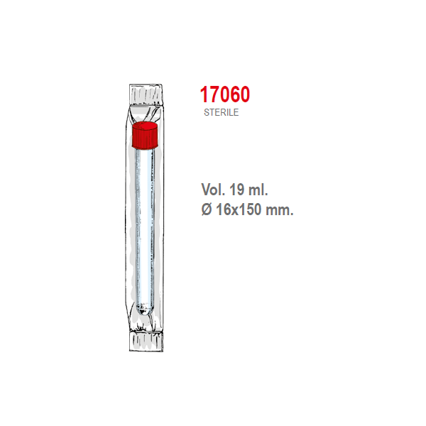 Provetta cilindrica in polistirolo trasparente con tappo a vite 16x150 mm. - 19 ml. - confezione da 500 Sterile singola