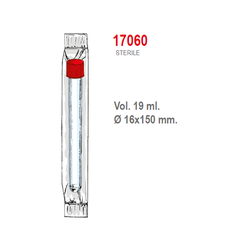 Provetta cilindrica in polistirolo trasparente con tappo a vite 16x150 mm. - 19 ml. - confezione da 500 Sterile singola