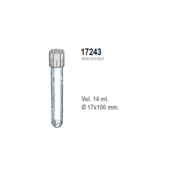 Provetta cilindrica in polistirolo trasparente con tappo a doppia chiusura 17x100 mm. - 14 ml. - confezione da 800