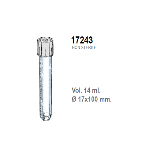 Provetta cilindrica in polistirolo trasparente con tappo a doppia chiusura 17x100 mm. - 14 ml. - confezione da 800