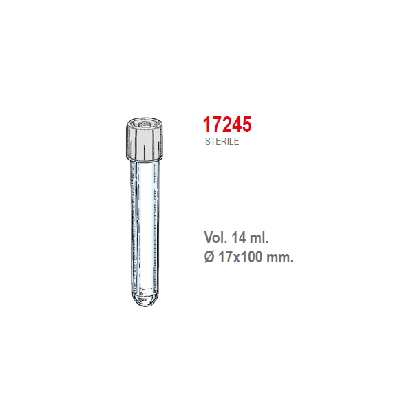 Provetta cilindrica in polistirolo trasparente con tappo a doppia chiusura 17x100 mm. - 14 ml. - confezione da 800 Sterile