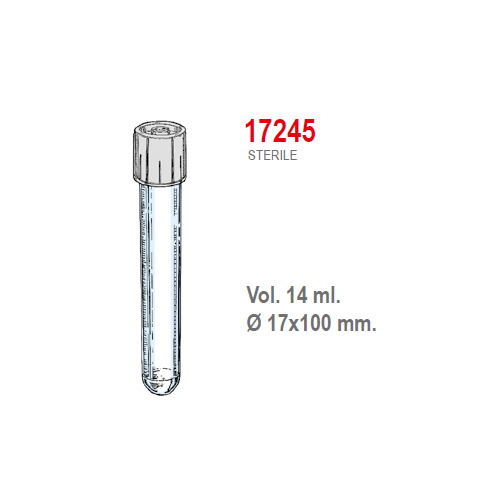 Provetta cilindrica in polistirolo trasparente con tappo a doppia chiusura 17x100 mm. - 14 ml. - confezione da 800 Sterile