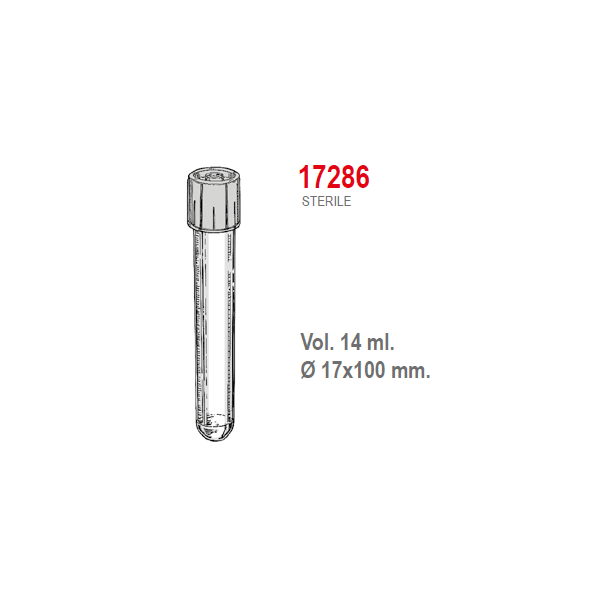 Provetta cilindrica in polipropilene con tappo a doppia chiusura 17x100 mm. - 14 ml. - confezione da 800 Sterile
