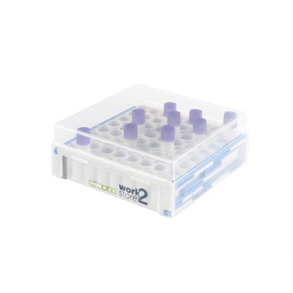 Scatola criogenica Work2Store allungabile in PP bianco 64 posti per microprovette da 1,5 / 2,0 ml. Scatola criogenica Work2Store allungabile in PP bianco 64 posti per microprovette da 1,5 / 2,0 ml.
